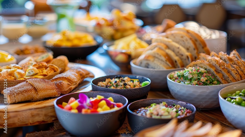 An opulent breakfast spread in a five-star hotel, with a selection of dishes from a contemporary resort buffet An opulent breakfast spread in a five-star hotel, with a selection of dishes from a contemporary resort buffet