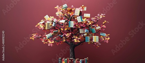 stunning 3D tree with vibrant book-leaves each book cover intricately designed set against solid maroon background. The scene captures the essence of education.