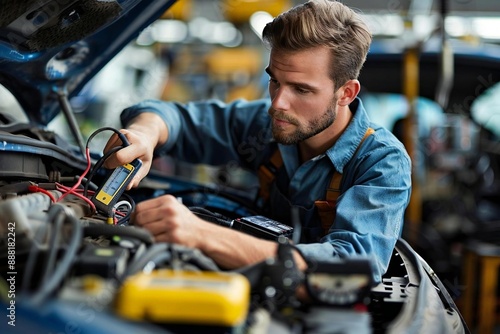 Mechanic inspecting car battery using multimeter in an auto workshop.