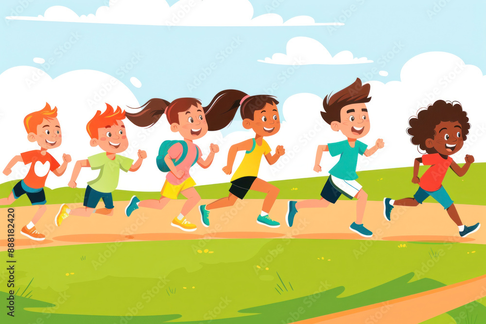 A group of happy children are running along a path in a park under a cloudy sky A group of happy children are running along a path in a park under a cloudy sky