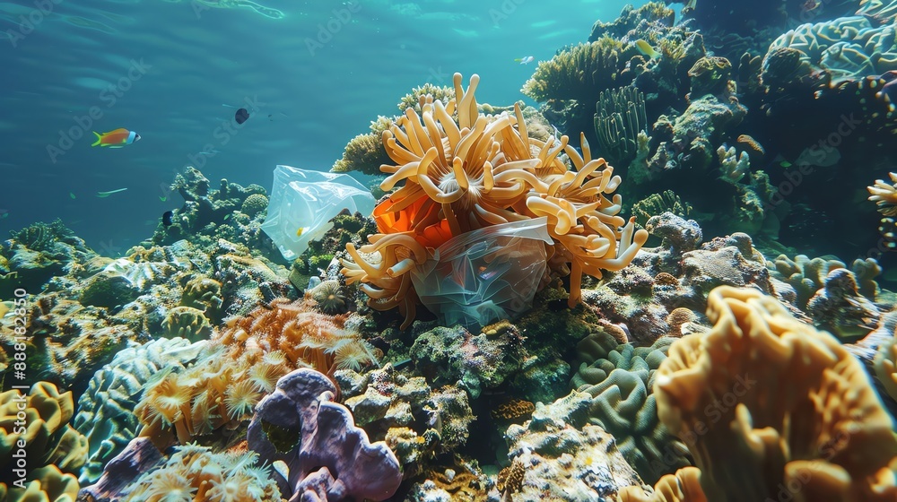 Obraz premium Plastic bag near coral formation, underwater pollution, marine conservation
