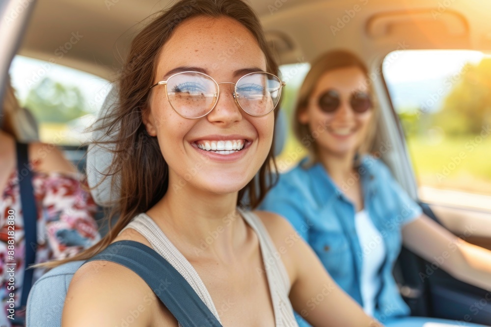 A young woman with a bright smile sits in the passenger seat of a car, enjoying a road trip with her friend A young woman with a bright smile sits in the passenger seat of a car, enjoying a road trip with her friend