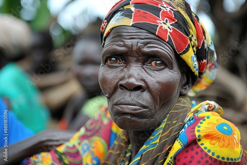 An elderly woman in a vibrant patterned headscarf and dress stares intently at the camera, her face a tapestry of life's experiences
