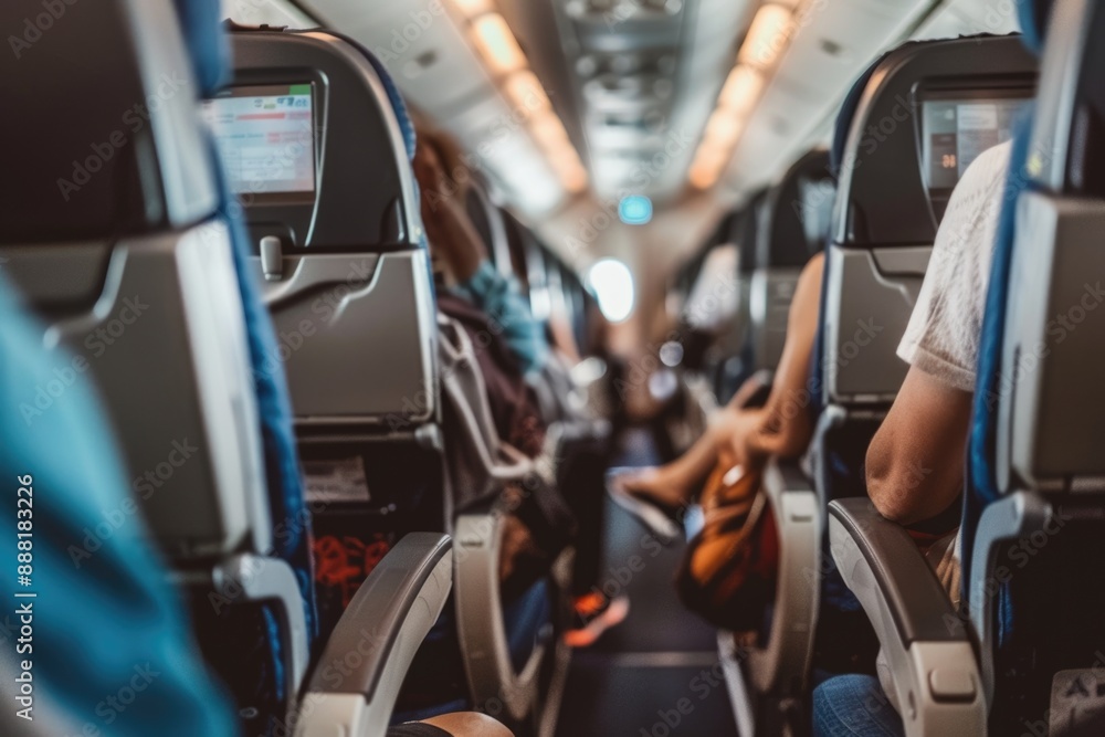 The view from the back of an airplane cabin, showing passengers seated and waiting for takeoff The view from the back of an airplane cabin, showing passengers seated and waiting for takeoff