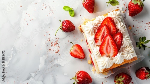 A slice of strawberry shortcake topped with fresh strawberries on a white marble surface.