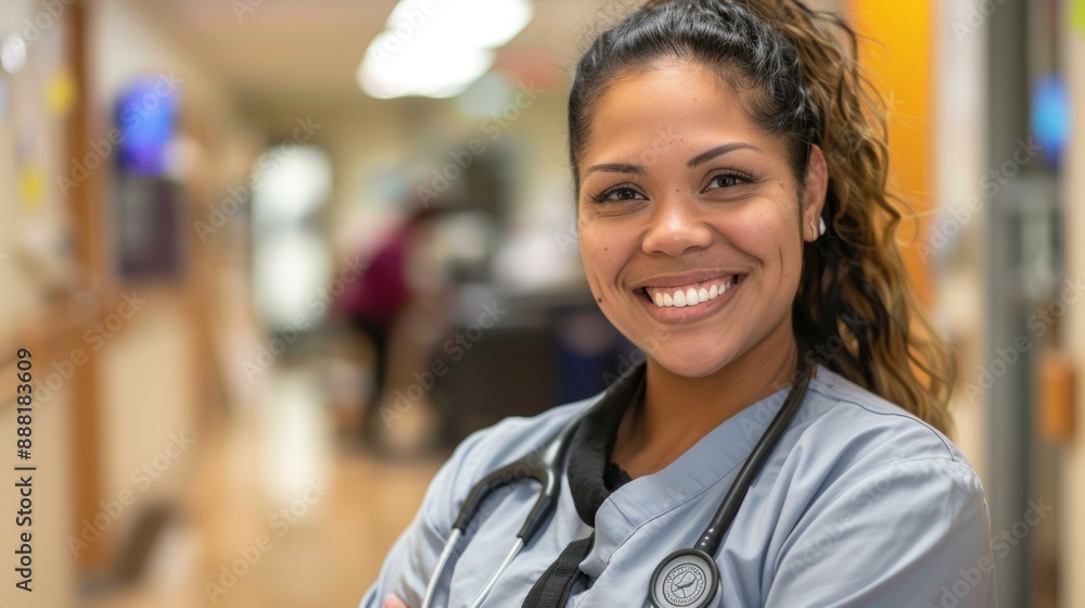Young female doctor on modern clinic background Young female doctor on modern clinic background