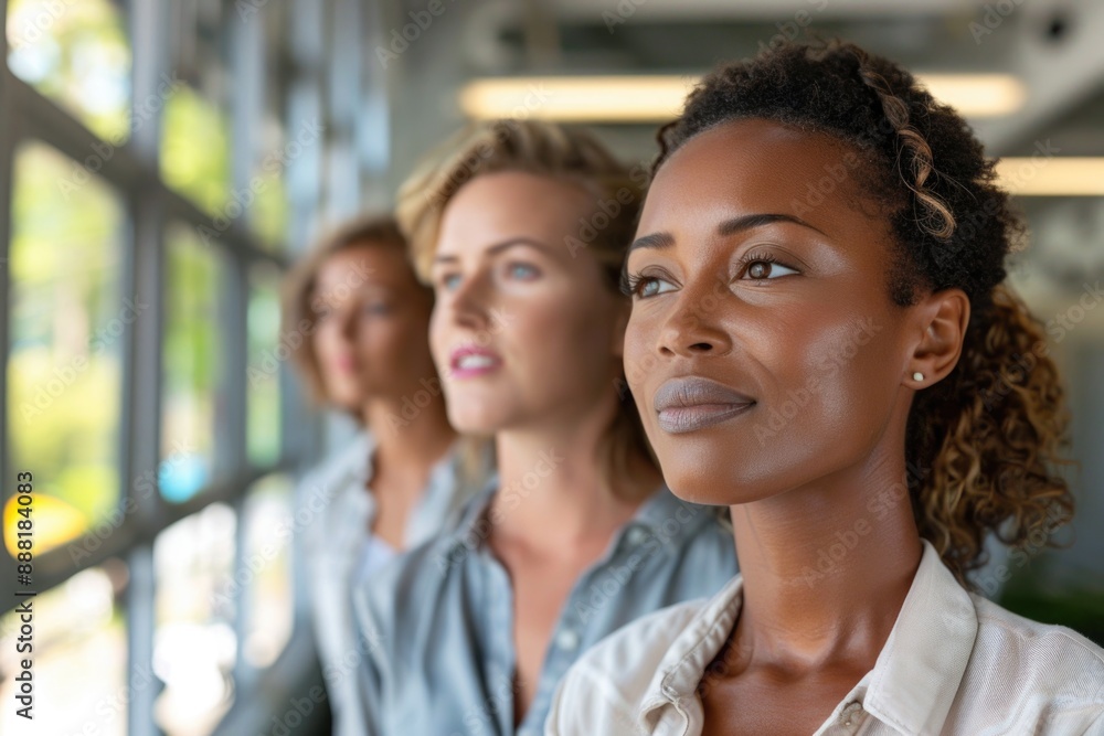Three women stand in a row looking out of a window, each with a thoughtful expression Three women stand in a row looking out of a window, each with a thoughtful expression