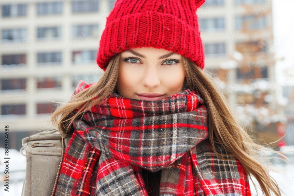 A woman with long brown hair bundled up in a red beanie and plaid scarf stares intently into the camera A woman with long brown hair bundled up in a red beanie and plaid scarf stares intently into the camera