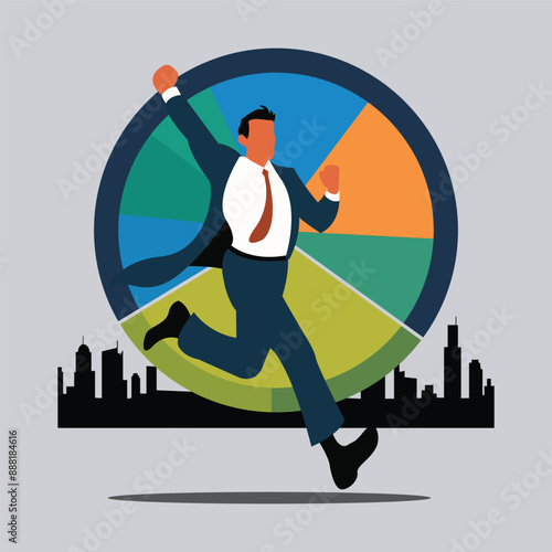 a happy businessman in a suit runs towards the center of a stylized pie chart target, cityscape silhouette in the background. vector art