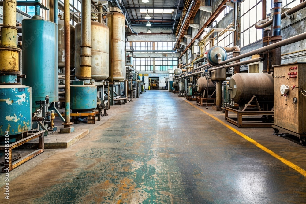 A long, industrial hallway lined with large, metallic tanks and machinery A long, industrial hallway lined with large, metallic tanks and machinery
