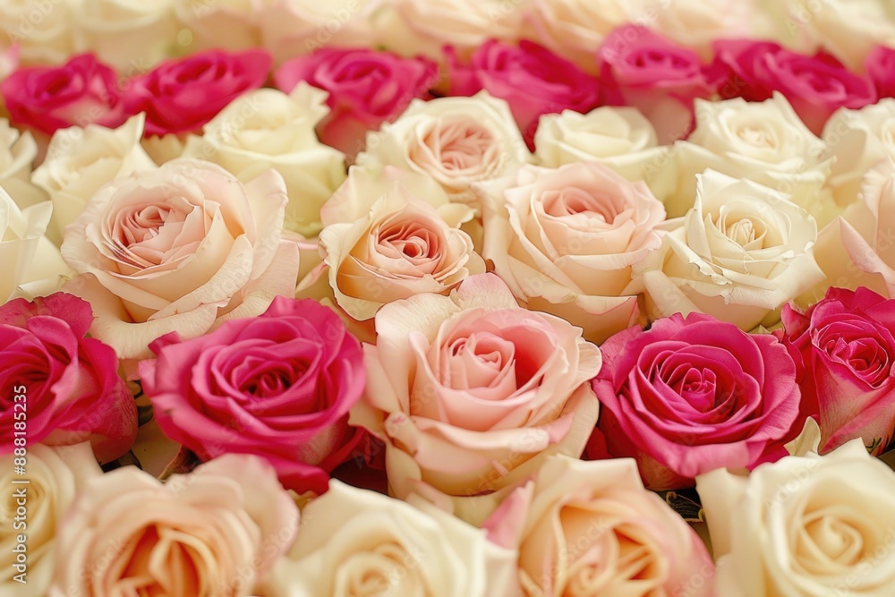 A close-up view of a bouquet of roses, featuring delicate pink and white blooms arranged in a harmonious pattern A close-up view of a bouquet of roses, featuring delicate pink and white blooms arranged in a harmonious pattern