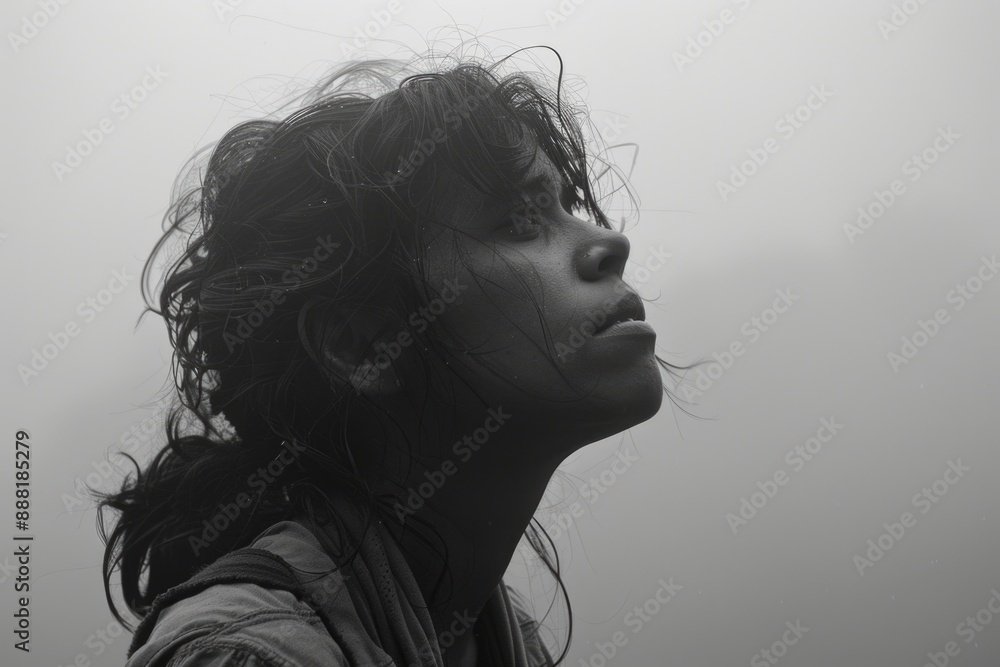 A young woman with windswept hair gazes upward, lost in thought amidst a hazy, ethereal landscape A young woman with windswept hair gazes upward, lost in thought amidst a hazy, ethereal landscape