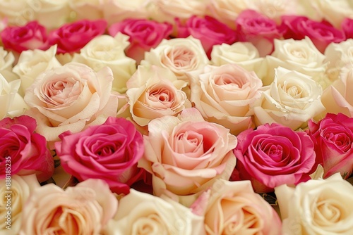 A close-up view of a bouquet of roses, featuring delicate pink and white blooms arranged in a harmonious pattern