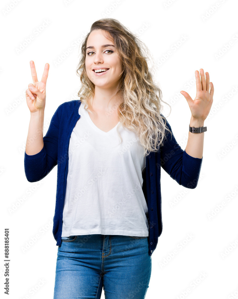 Beautiful young blonde woman over isolated background showing and pointing up with fingers number seven while smiling confident and happy.