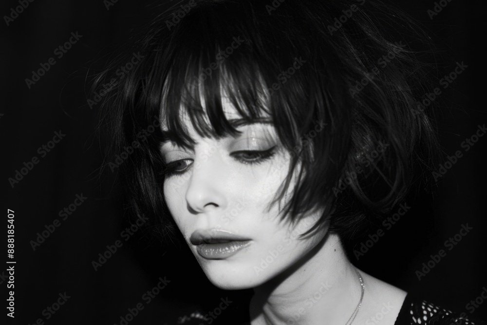 A woman with short, dark hair gazes down, her expression contemplative and introspective A woman with short, dark hair gazes down, her expression contemplative and introspective