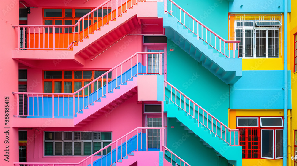 a multi colored building with many stairs a multi colored building with many stairs