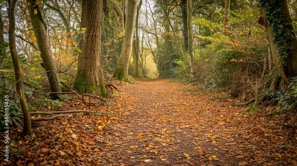 A hidden forest path covered in autumn leaves, with towering trees creating a canopy overhead. The path is serene and inviting, perfect for a quiet walk. A hidden forest path covered in autumn leaves, with towering trees creating a canopy overhead. The path is serene and inviting, perfect for a quiet walk.