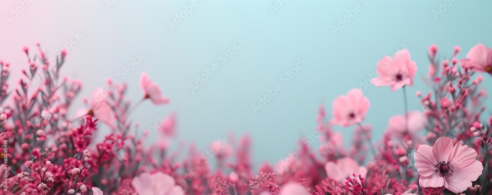 Soft pink flowers blooming against a light blue and pink background. Soft pink flowers blooming against a light blue and pink background.