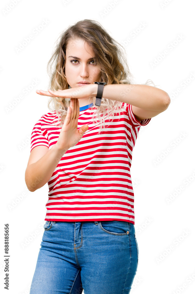 Beautiful young blonde woman over isolated background Doing time out gesture with hands, frustrated and serious face Beautiful young blonde woman over isolated background Doing time out gesture with hands, frustrated and serious face