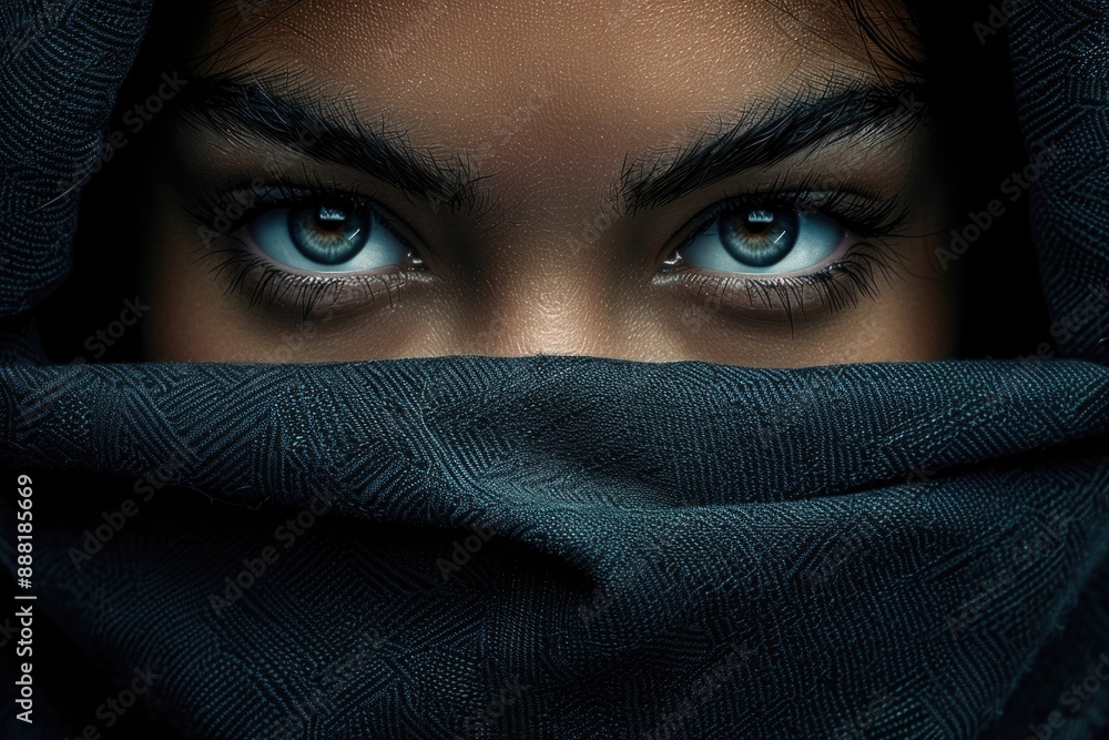 A woman with piercing blue eyes gazes intensely from behind a dark veil A woman with piercing blue eyes gazes intensely from behind a dark veil