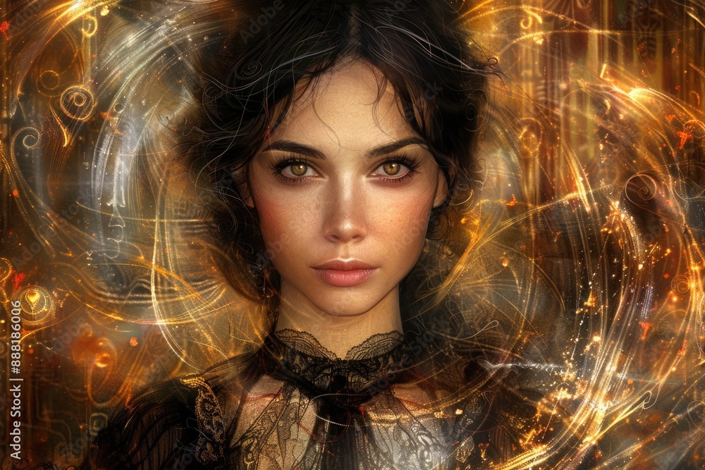 A woman with long, dark hair gazes directly at the camera, her eyes filled with a deep knowing. She is framed by a swirling, golden light, emanating from a mystical source behind her A woman with long, dark hair gazes directly at the camera, her eyes filled with a deep knowing. She is framed by a swirling, golden light, emanating from a mystical source behind her