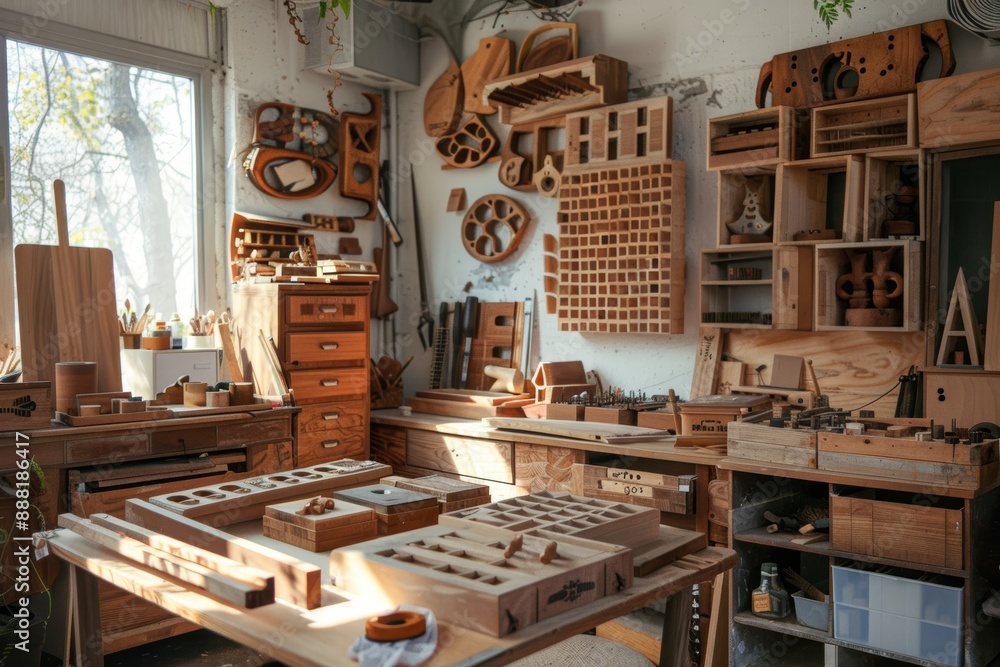 Artisan's Woodworking Studio with Handmade Wooden Items, Creative Environment for Crafts and Design Projects Artisan's Woodworking Studio with Handmade Wooden Items, Creative Environment for Crafts and Design Projects