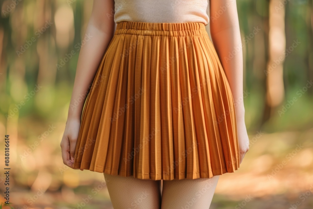 A woman stands in a forest, her golden pleated skirt catching the sunlight A woman stands in a forest, her golden pleated skirt catching the sunlight