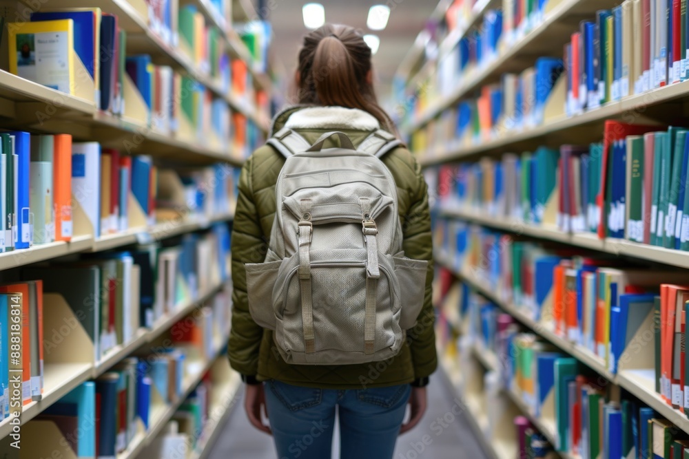 A student with a backpack walks down an aisle in a library, surrounded by bookshelves filled with colorful volumes A student with a backpack walks down an aisle in a library, surrounded by bookshelves filled with colorful volumes