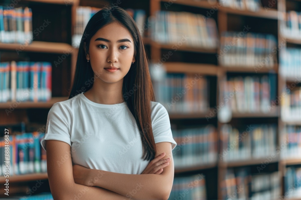 Confident young woman in library with arms crossed and focused gaze. Colorful books on shelves hint at knowledge and possibilities Confident young woman in library with arms crossed and focused gaze. Colorful books on shelves hint at knowledge and possibilities