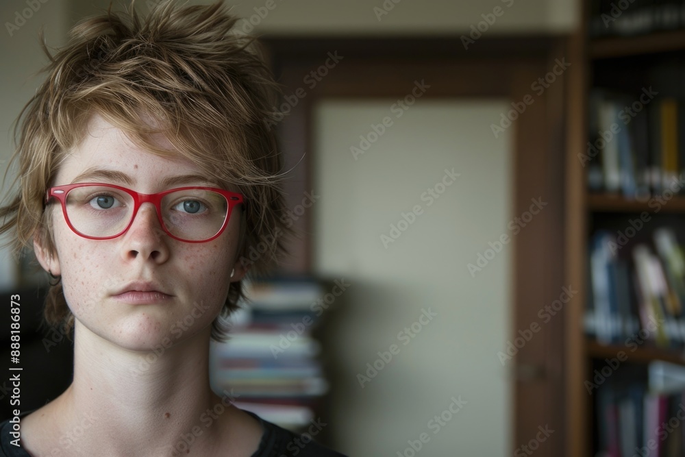A young person with short, choppy blonde hair wears red-rimmed glasses and stares intently into the camera, their expression thoughtful and calm A young person with short, choppy blonde hair wears red-rimmed glasses and stares intently into the camera, their expression thoughtful and calm