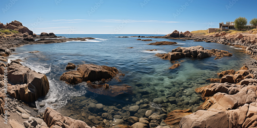 Spherical 360 degrees seamless panorama view in equirectangular projection, wild natural landscape of a beautiful sea bay with transparent green-blue waters and rocky waterfront under a blue sky Spherical 360 degrees seamless panorama view in equirectangular projection, wild natural landscape of a beautiful sea bay with transparent green-blue waters and rocky waterfront under a blue sky