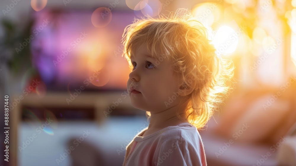 A young child with blonde hair is looking at a television A young child with blonde hair is looking at a television