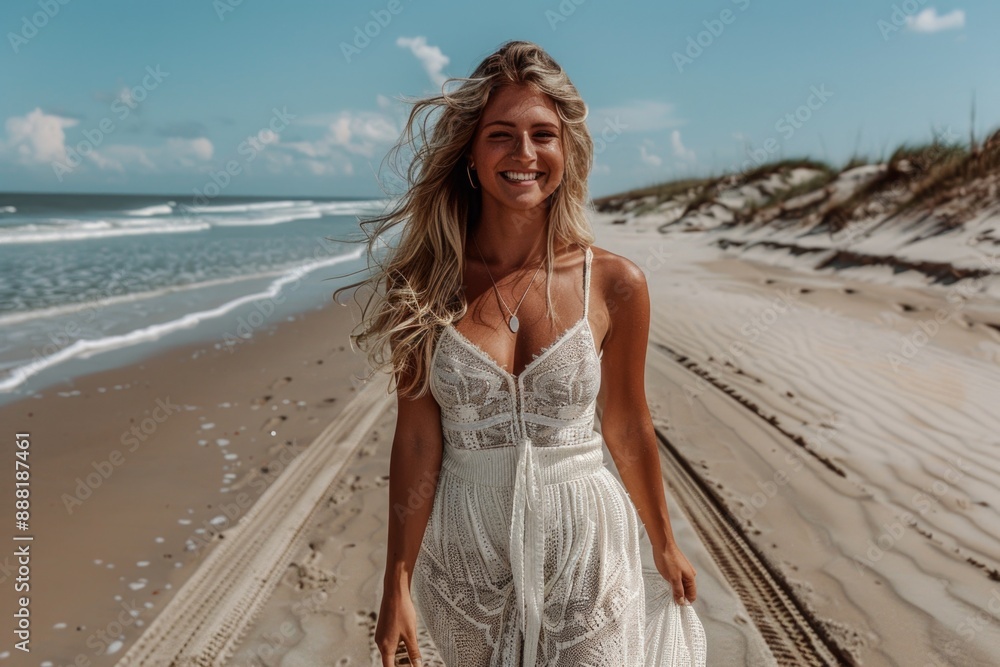 A woman walks along a sandy beach with a bright blue sky above. She wears a white dress and has long blonde hair A woman walks along a sandy beach with a bright blue sky above. She wears a white dress and has long blonde hair