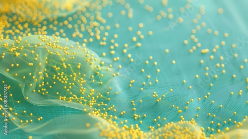 Bright yellow dots linked by golden threads on a soft teal canvas, text space in the lower left