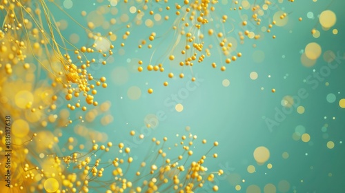 Bright yellow dots linked by golden threads on a soft teal canvas, text space in the lower left