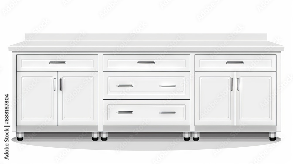 White modern kitchen cabinet with drawers and doors in a clean, minimalist design, furniture, storage solution concept White modern kitchen cabinet with drawers and doors in a clean, minimalist design, furniture, storage solution concept