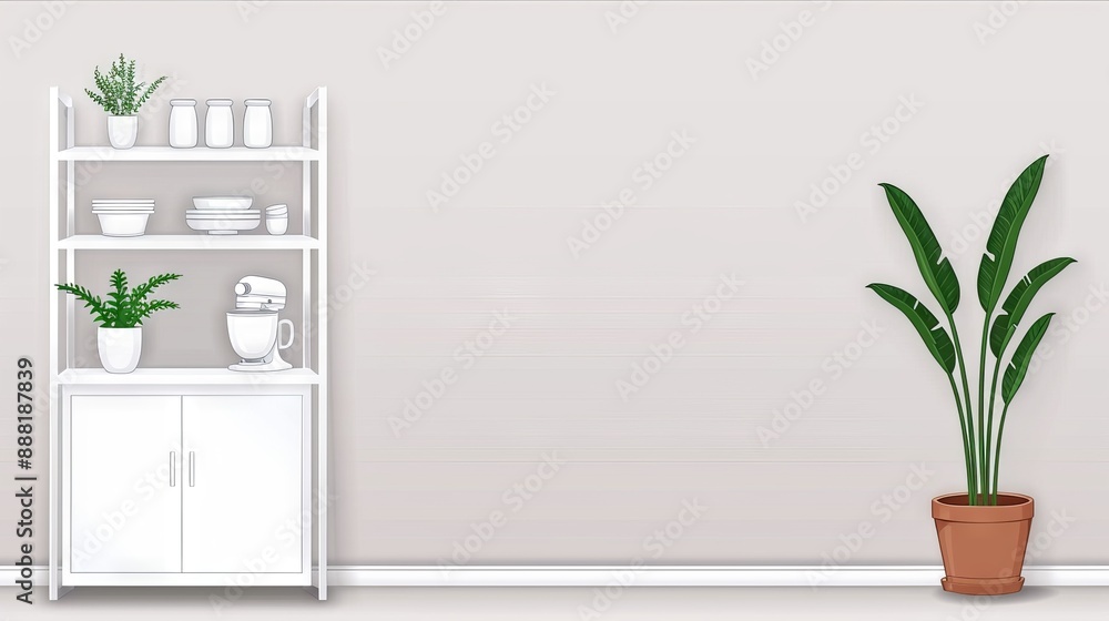 Minimalistic interior, white cabinet with shelves, potted plants, and kitchenware on light wall background, stylish home decor concept Minimalistic interior, white cabinet with shelves, potted plants, and kitchenware on light wall background, stylish home decor concept