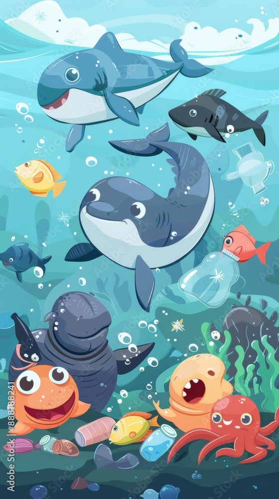 Obraz premium Eco Heroes of the Deep: A Vibrant 3D Cartoon Assembly of Marine Creatures Tackling Plastic Waste, A Call to Preserve Our Oceans, Perfect for Eco-Centric Advertisements and Invitations, 4K Ultra HD Ren