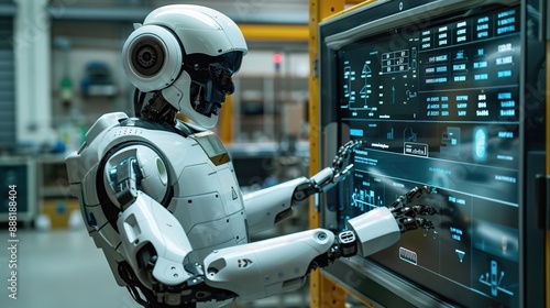 A robot is working on a computer monitor