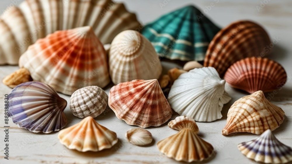 Vibrant seashells in a collection perfect for beachthemed decor Vibrant seashells in a collection perfect for beachthemed decor