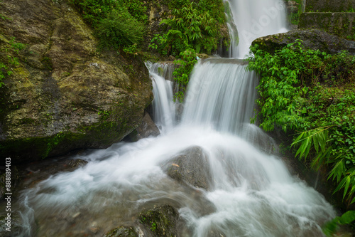 Paglajhora waterfall , famous waterfall in monsoon, at Kurseong, Himalayan mountains of Darjeeling, West Bengal, India. Origin of Mahananda River flowing through Mahananda Wildlife Sanctuary.
