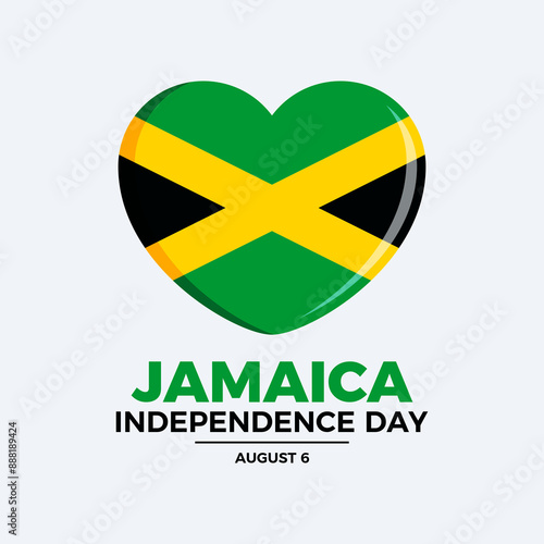 Jamaica Independence Day poster illustration. Jamaica flag in heart shape icon isolated on a gray background. Jamaican flag love symbol. Template for background, banner, card. August 6 each year