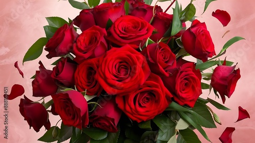 Bouquet of roses decorated green leaves