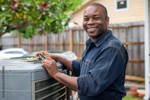 An African American technician smiling while checking and cleaning an air conditioner at a home.
