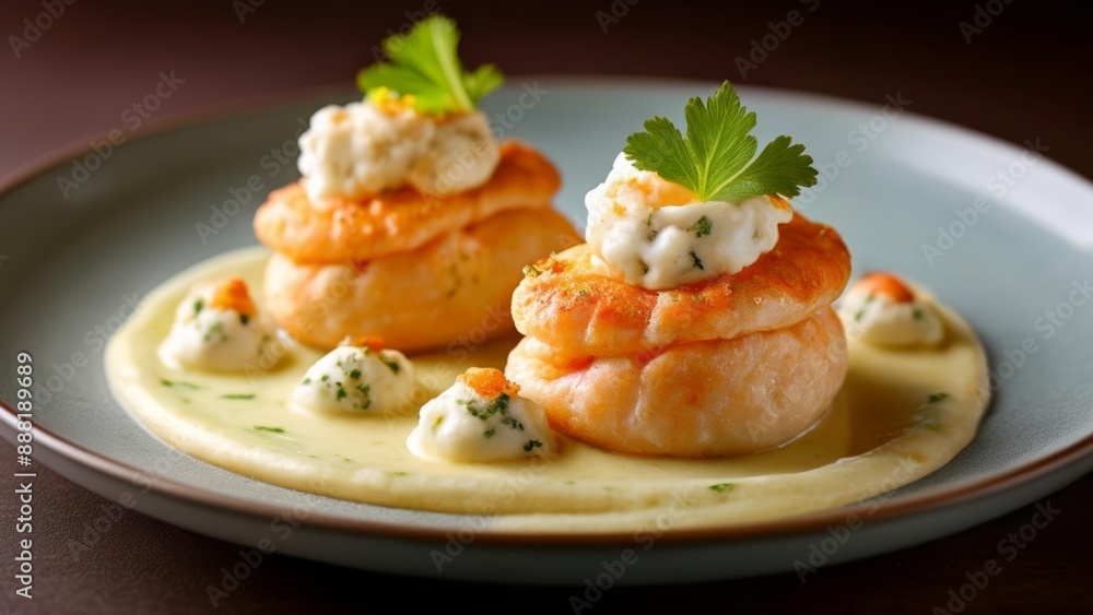Delicious seafood dish with creamy sauce and garnishes Delicious seafood dish with creamy sauce and garnishes