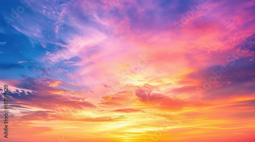 A stunning sunset sky filled with vibrant hues of orange, pink, and purple, casting a warm glow over the horizon, perfect for serene and captivating background images