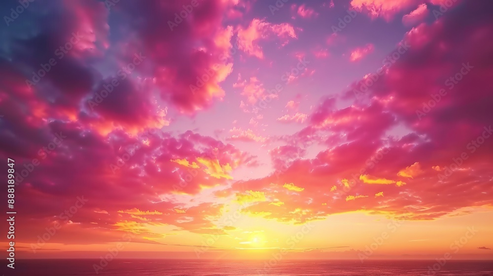Obraz premium A stunning sunset sky filled with vibrant hues of orange, pink, and purple, casting a warm glow over the horizon, perfect for serene and captivating background images