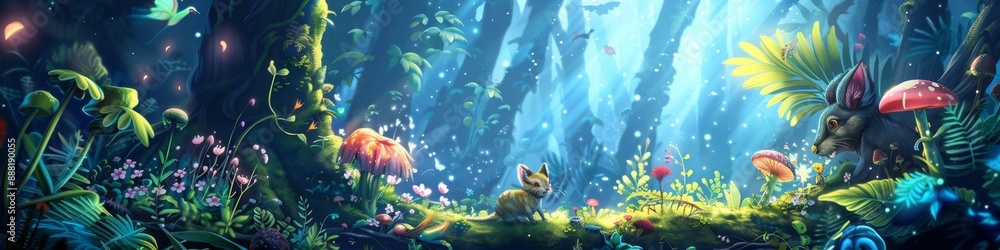 Fototapeta premium Enchanted Forest Soiree: Magical Creatures' Adventure Amongst Luminescent Flora, A 4K Ultra HD Vision of Biodiversity and Conservation, Ideal for Advertising and Invitations abstract