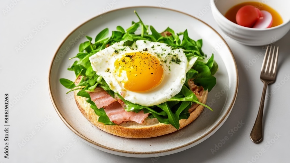 Delicious breakfast sandwich with fried egg and greens Delicious breakfast sandwich with fried egg and greens