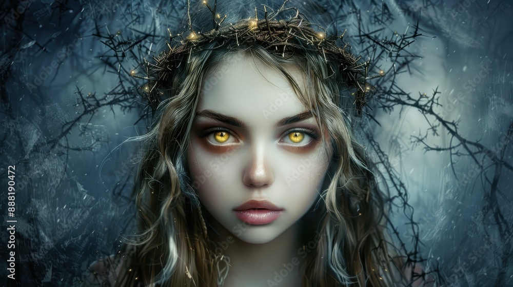 Fantasy-themed portrait of a young woman with cat-like yellow eyes, a pale complexion, and long blonde hair Fantasy-themed portrait of a young woman with cat-like yellow eyes, a pale complexion, and long blonde hair
